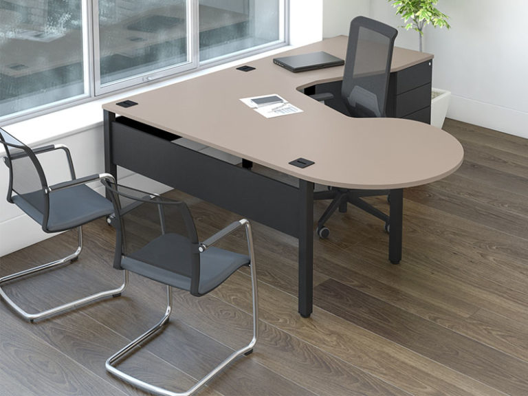 executive desk is mesh backed meeting chairs and an executive office chair around it