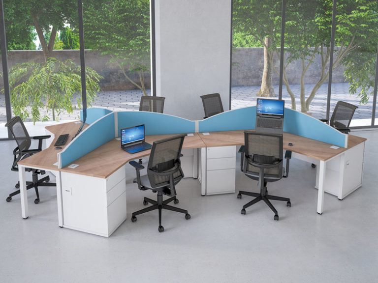 workstations arranged in office with blue desk screens